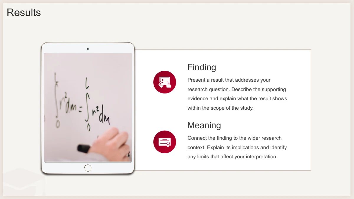 Slide 10: A mathematical whiteboard photograph sits inside an image tablet frame on the left. Finding and Meaning notes with burgundy icons occupy the right side.