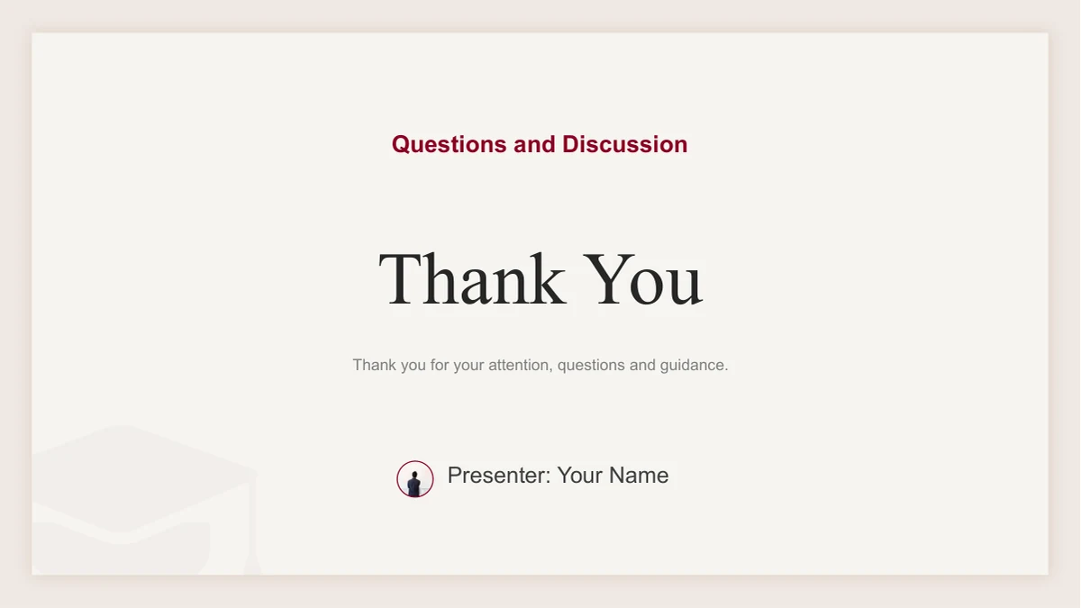 Slide 15: Thank You and Questions and Discussion appear above a short closing line and Presenter: Your Name. A small circular crop of a person facing a whiteboard accompanies the name field.