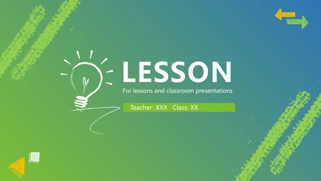 Chalk Doodle Open Lesson Presentation Template: A white outlined bulb sits beside the title on a green-to-blue background. Chalk marks fill opposite corners, and a green band holds presenter and class details.