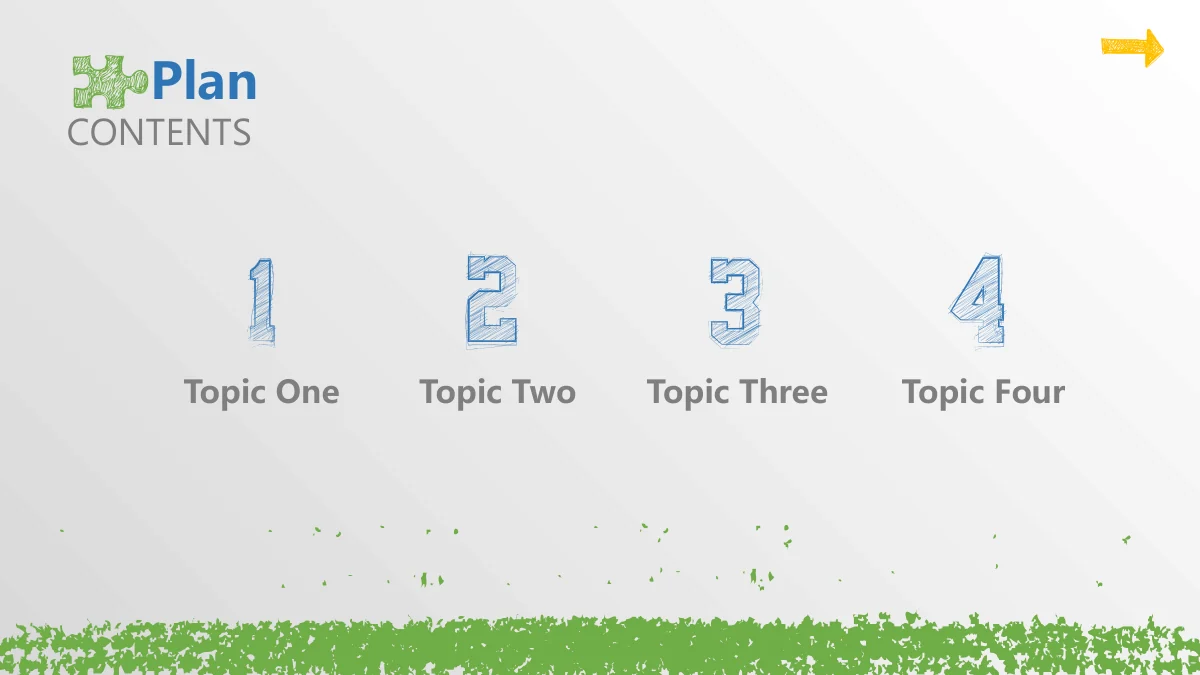 Chalk Doodle Open Lesson Presentation Template: A green puzzle piece accompanies the contents heading and CONTENTS label. Four large blue sketched digits sit in a row above chapter-name placeholders.