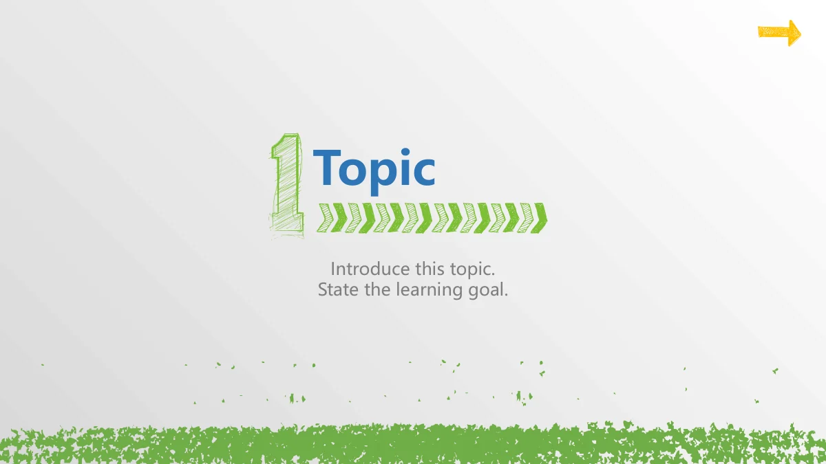 Chalk Doodle Open Lesson Presentation Template: A large green sketched 1 sits beside a blue chapter heading. Green chevrons and two lines of notes sit underneath.