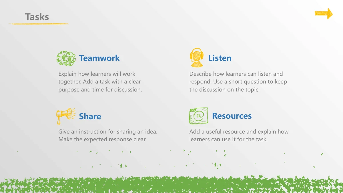 Chalk Doodle Open Lesson Presentation Template: Gears, a headset, a megaphone and an envelope with an at-sign lead four heading-and-note groups arranged in two rows.