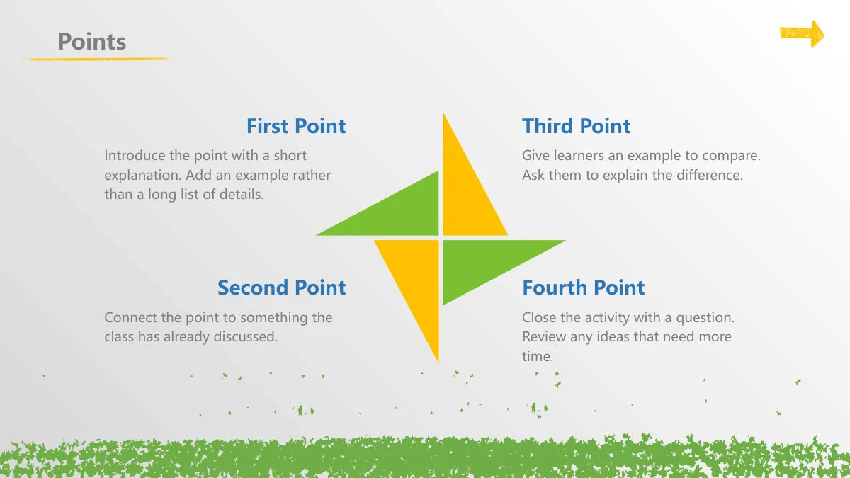 Chalk Doodle Open Lesson Presentation Template: Four green and yellow triangles form a central pinwheel. Four text blocks occupy the surrounding corners.