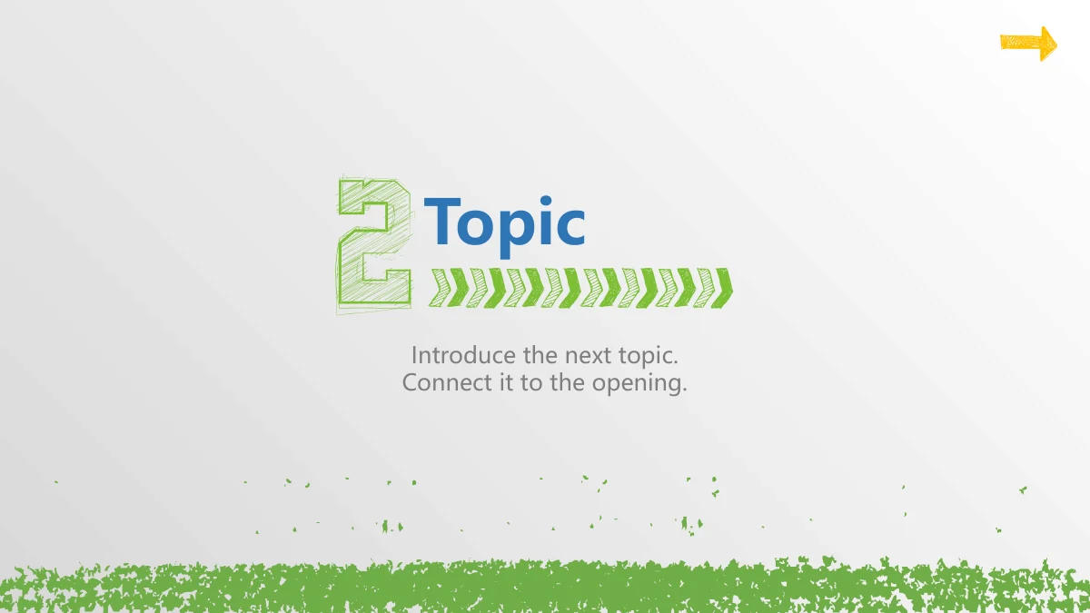 Chalk Doodle Open Lesson Presentation Template: A large green sketched 2 marks the second chapter, with a blue heading, green chevrons and two lines of notes.