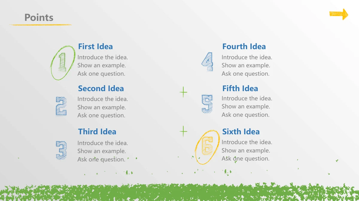 Chalk Doodle Open Lesson Presentation Template: Six sketched digits head two columns of three notes. Hand-drawn circles emphasise 1 and 6, while small plus marks sit between the columns.