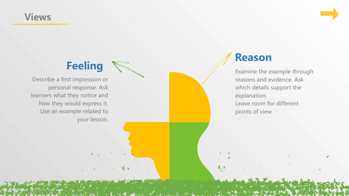 Chalk Doodle Open Lesson Presentation Template: A head silhouette is divided into yellow and green areas. Two headed text blocks sit on either side, linked by sketched arrows.