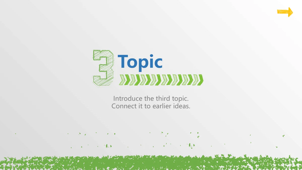 Chalk Doodle Open Lesson Presentation Template: A green sketched 3 introduces the third chapter beside a blue heading, green chevrons and two short note lines.