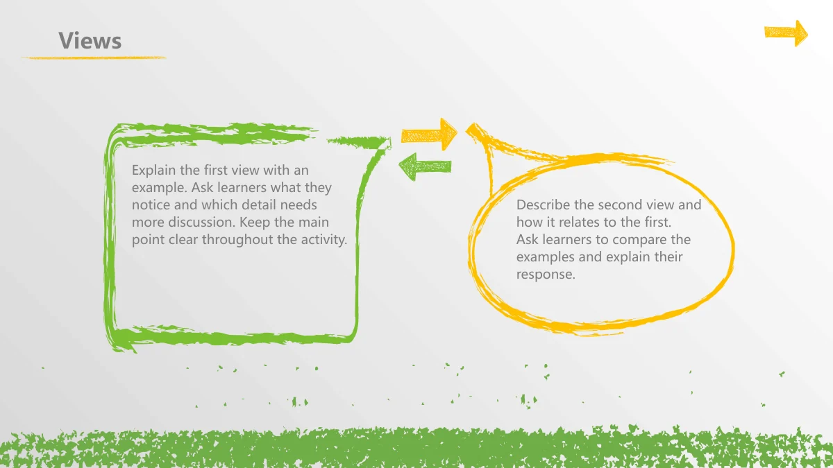 Chalk Doodle Open Lesson Presentation Template: A green rectangular sketch frame faces a yellow oval speech bubble. Two small arrows point in opposite directions between them.