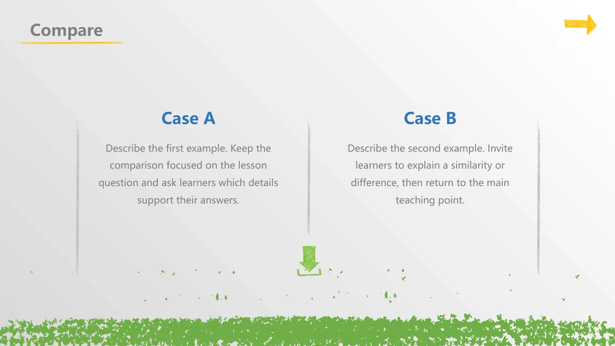Chalk Doodle Open Lesson Presentation Template: Two headed paragraphs sit between three vertical sketch rules. A small green downward arrow appears below the middle rule.