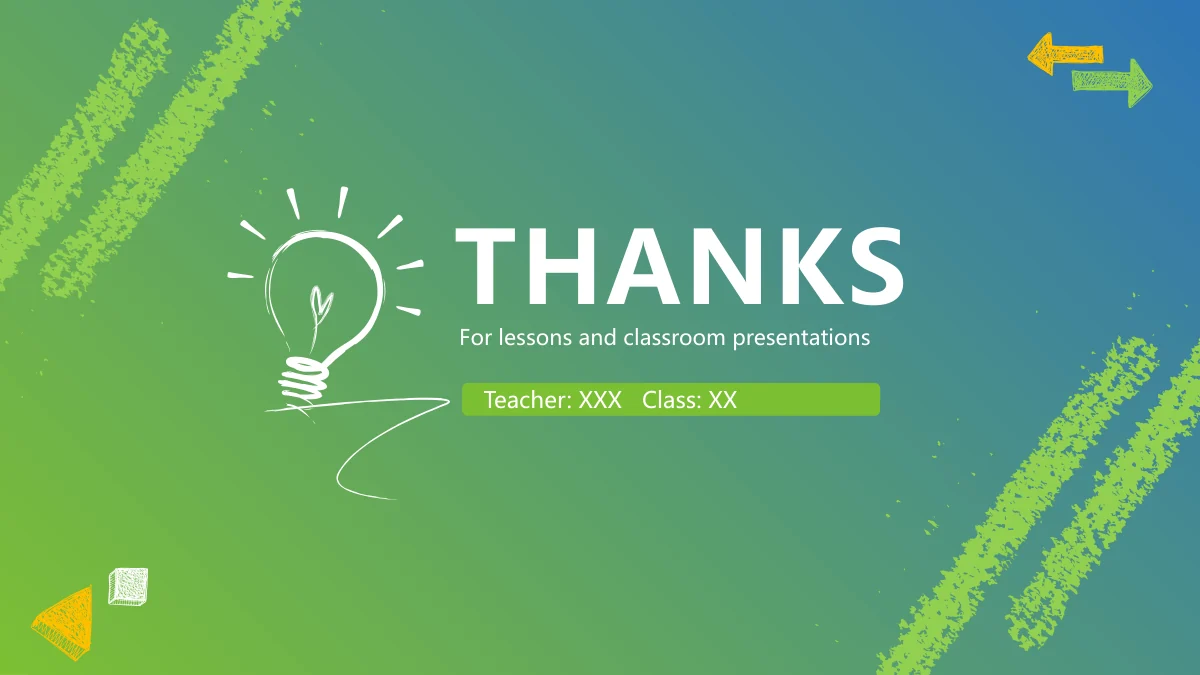 Chalk Doodle Open Lesson Presentation Template: The white bulb returns on the green-to-blue background. A closing message and presenter details sit beside it, with textured corner marks.