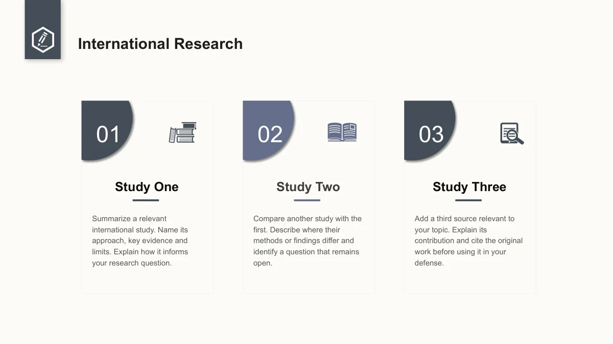 Slide 5: Three numbered cards pair book and search illustrations with Study One, Study Two and Study Three prompts for summarizing and comparing sources.