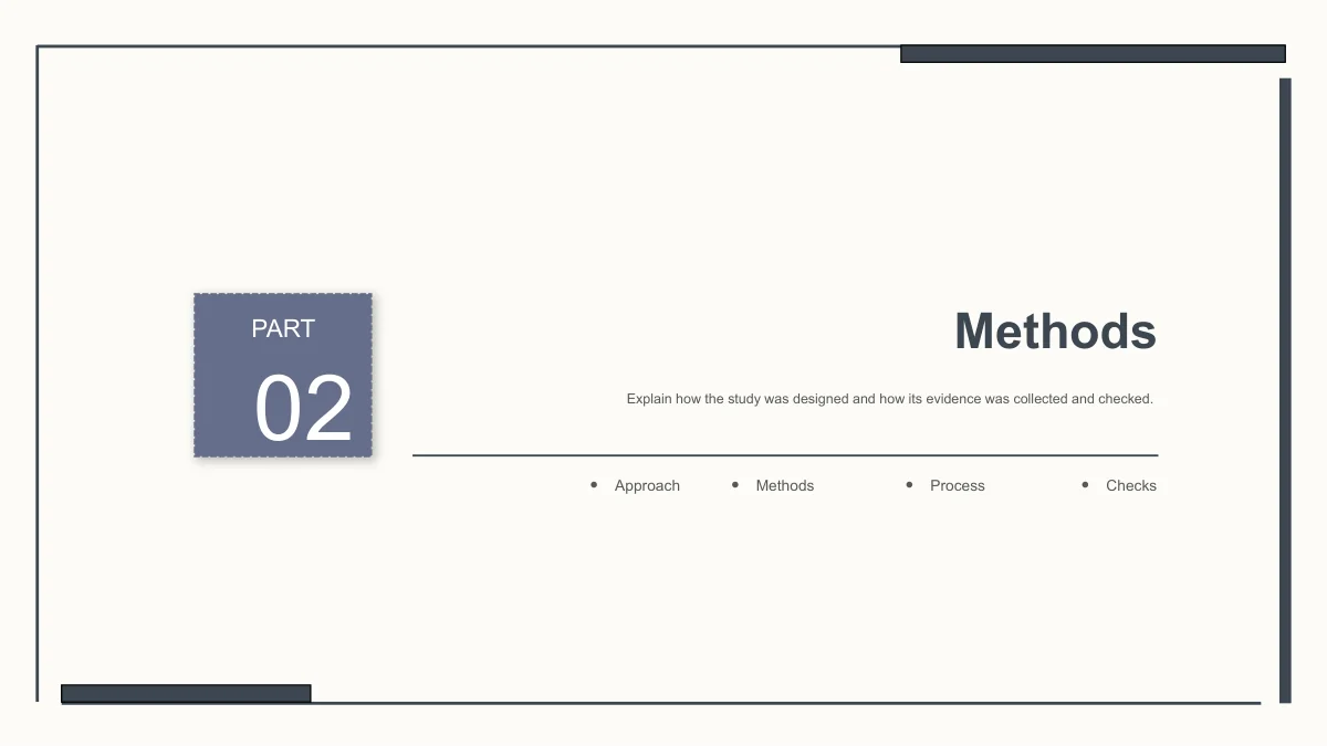 Slide 10: PART 02 introduces Methods with a short study-design prompt. Approach, Methods, Process and Checks appear beneath the horizontal rule.