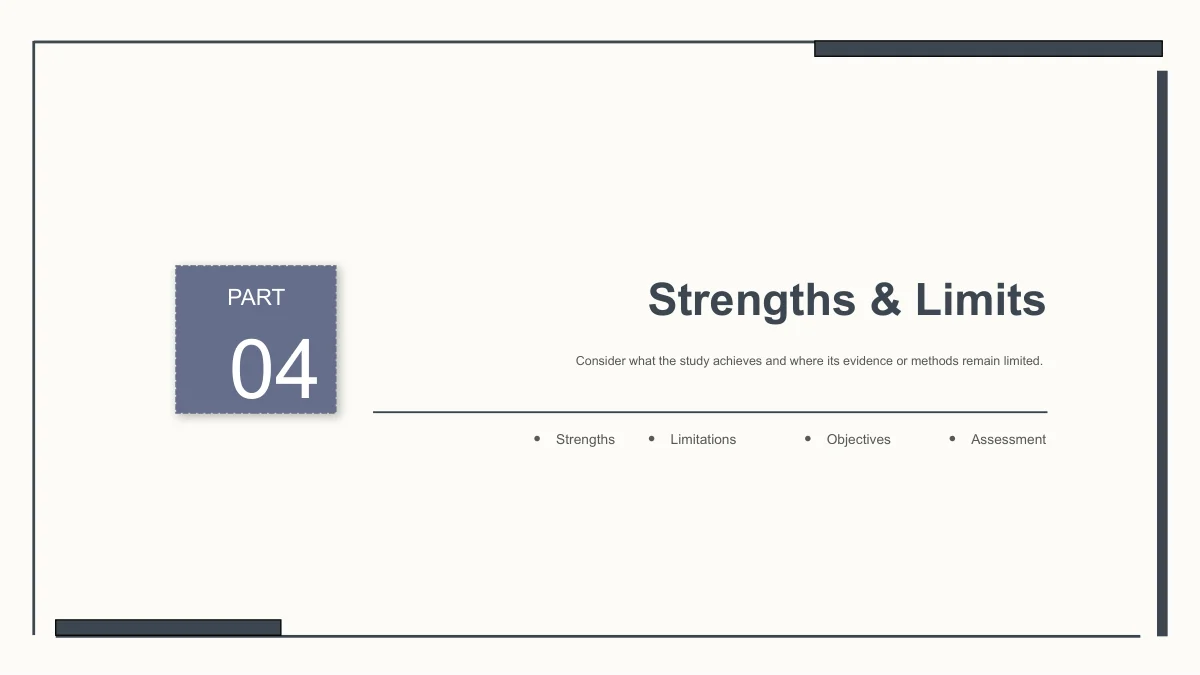 Slide 19: PART 04 introduces Strengths & Limits, with Strengths, Limitations, Objectives and Assessment listed under the chapter explanation.