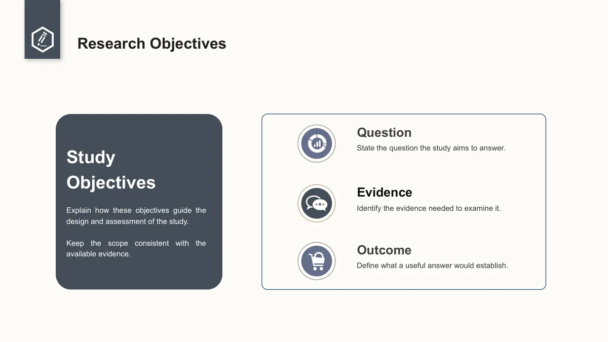 Slide 21: A dark rounded Study Objectives panel stands beside three icon-led notes for Question, Evidence and Outcome.