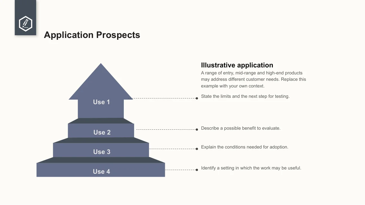 Slide 27: A four-level staircase ends in an upward arrow. Use 1 to Use 4 notes describe illustrative applications and conditions, without a measured growth scale.