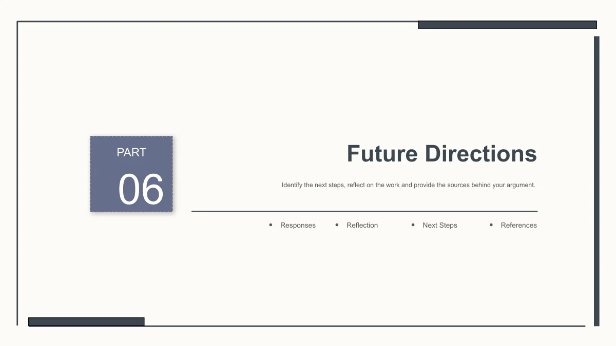 Slide 29: PART 06 introduces Future Directions, followed by Responses, Reflection, Next Steps and References beneath the horizontal rule.