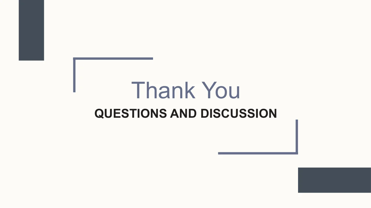 Slide 33: Thank You and Questions and Discussion sit within open slate corner lines, with charcoal blocks at the upper left and lower right.