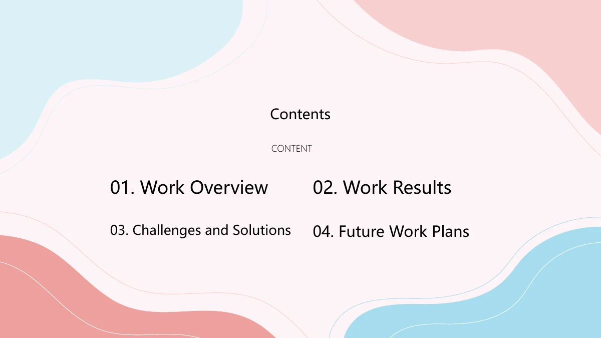 Resumo de trabalho costeiro minimalista — Quatro entradas numeradas organizam a visão do trabalho, os resultados, os desafios e os planos futuros sobre um fundo pastel ondulado.