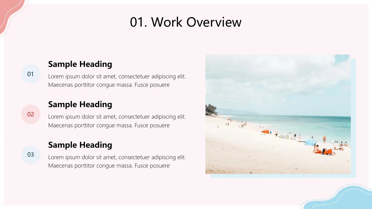 Resumo de trabalho costeiro minimalista — Três notas numeradas acompanham uma foto de praia, com círculos azuis e coral marcando os itens.