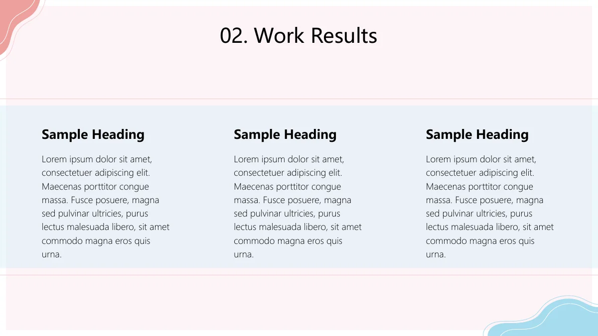 Resumo de trabalho costeiro minimalista — Três colunas paralelas oferecem títulos e parágrafos de exemplo sob o cabeçalho de resultados.