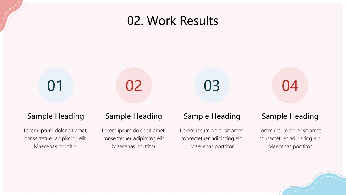 Resumo de trabalho costeiro minimalista — Quatro círculos azuis e coral, numerados de 01 a 04, aparecem acima de títulos e notas breves.