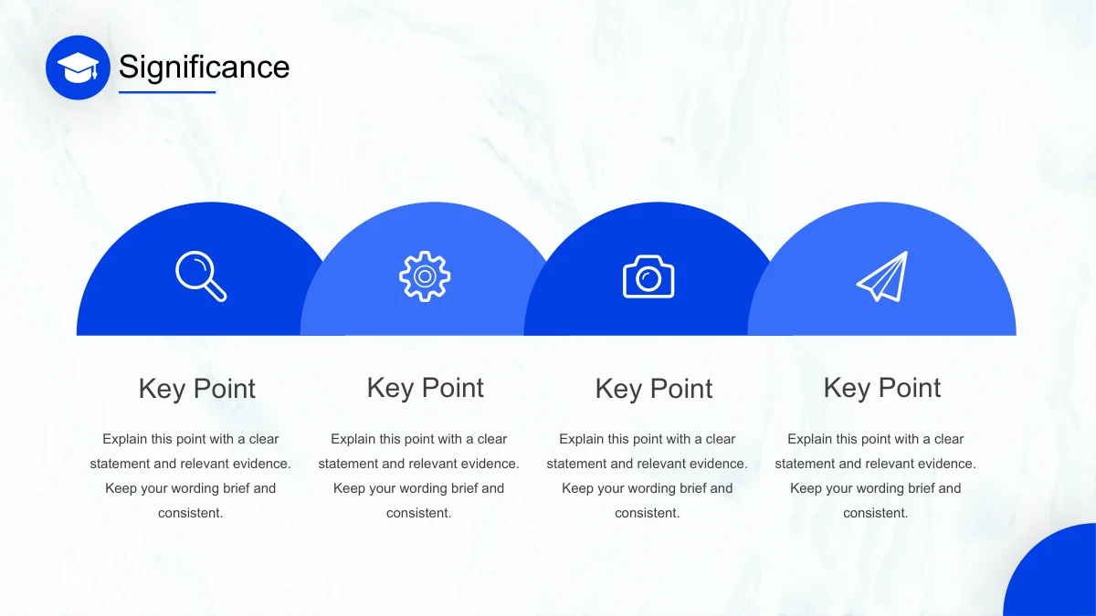 Four blue semicircles contain a magnifier, gear, camera and paper-plane icon.