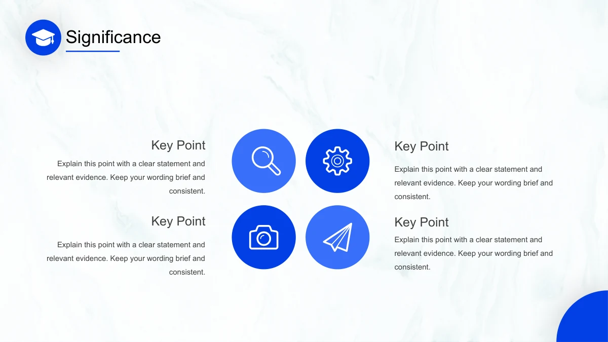 Four circular blue icons sit between two pairs of research notes.