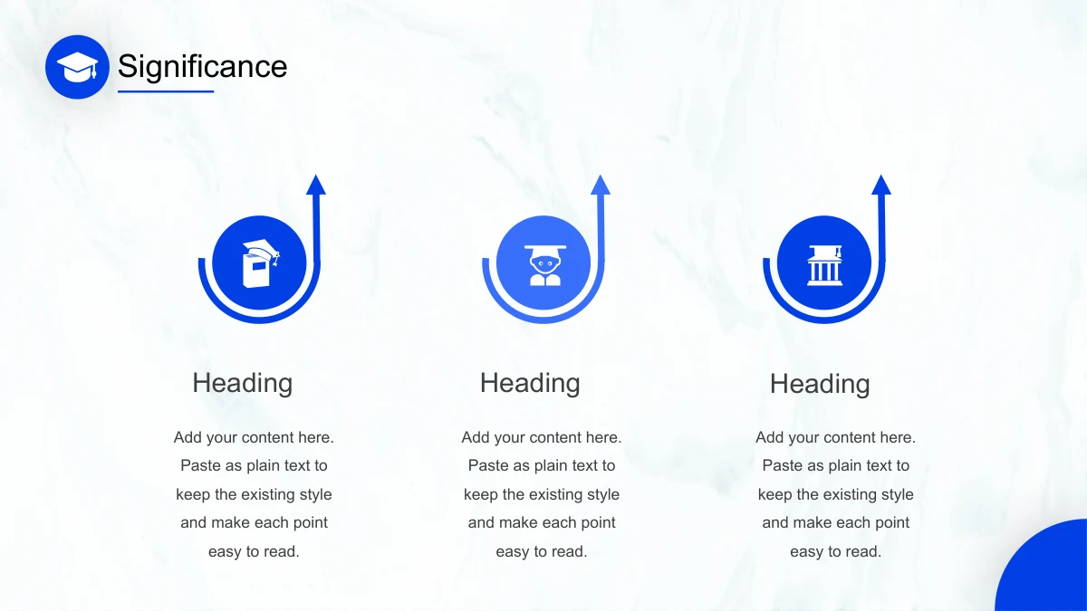 Three curved upward arrows frame generic academic symbols above text columns.