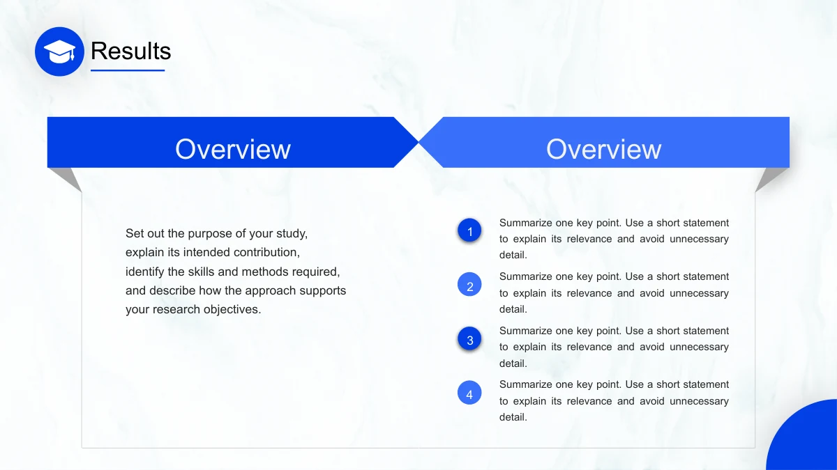 Two blue ribbon headings sit above an overview and four numbered statements.