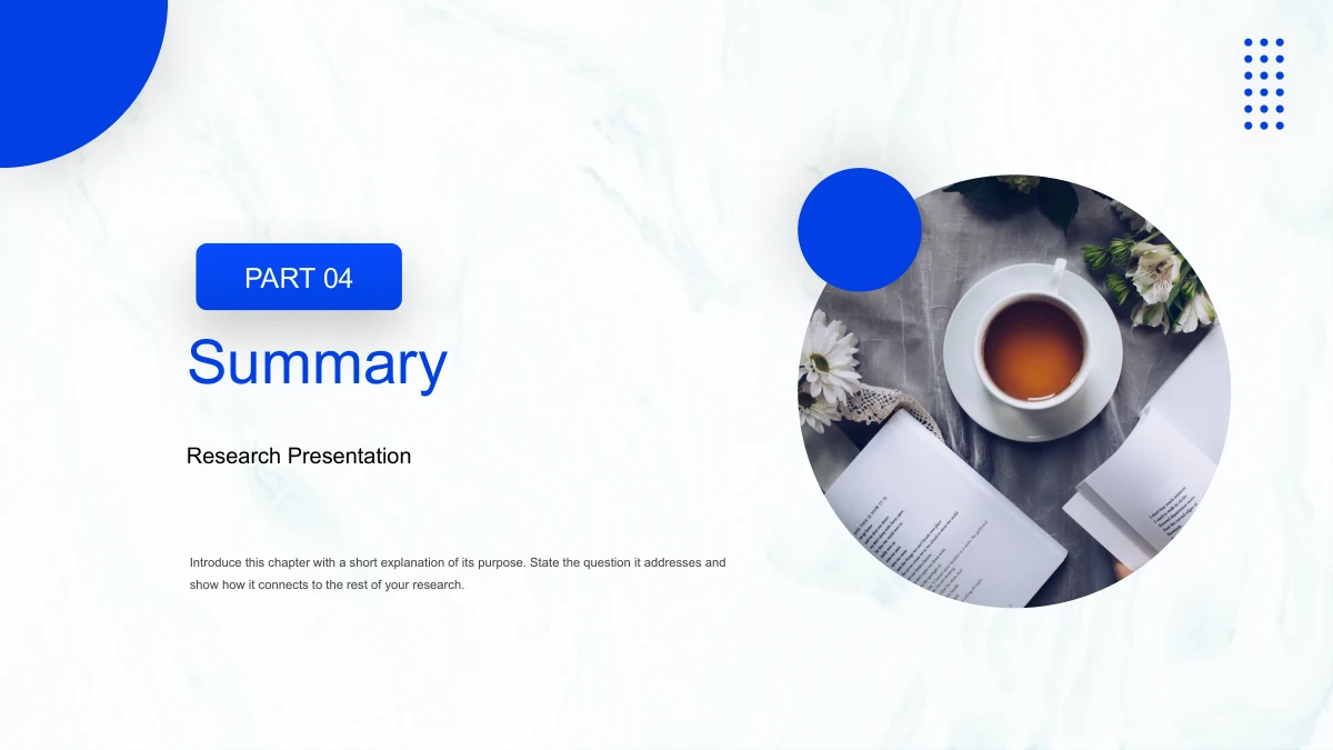 Summary title and blue section marker sit beside a circular tea-and-books photo.