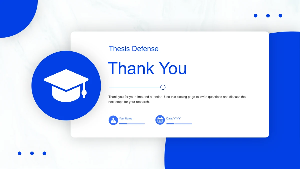A white thank-you card overlaps a blue graduation-cap circle on pale marble.