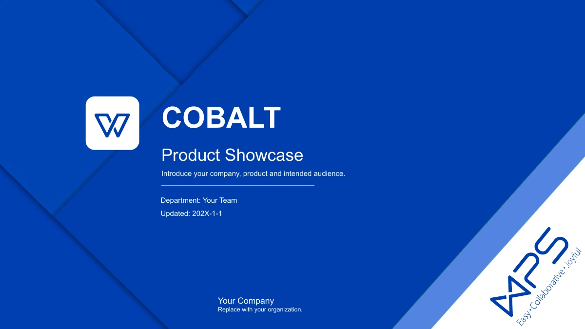 Modèle de présentation Vitrine produits bleu cobalt: Formes bleues pliées, titre Cobalt et marques WPS d'origine conservées.