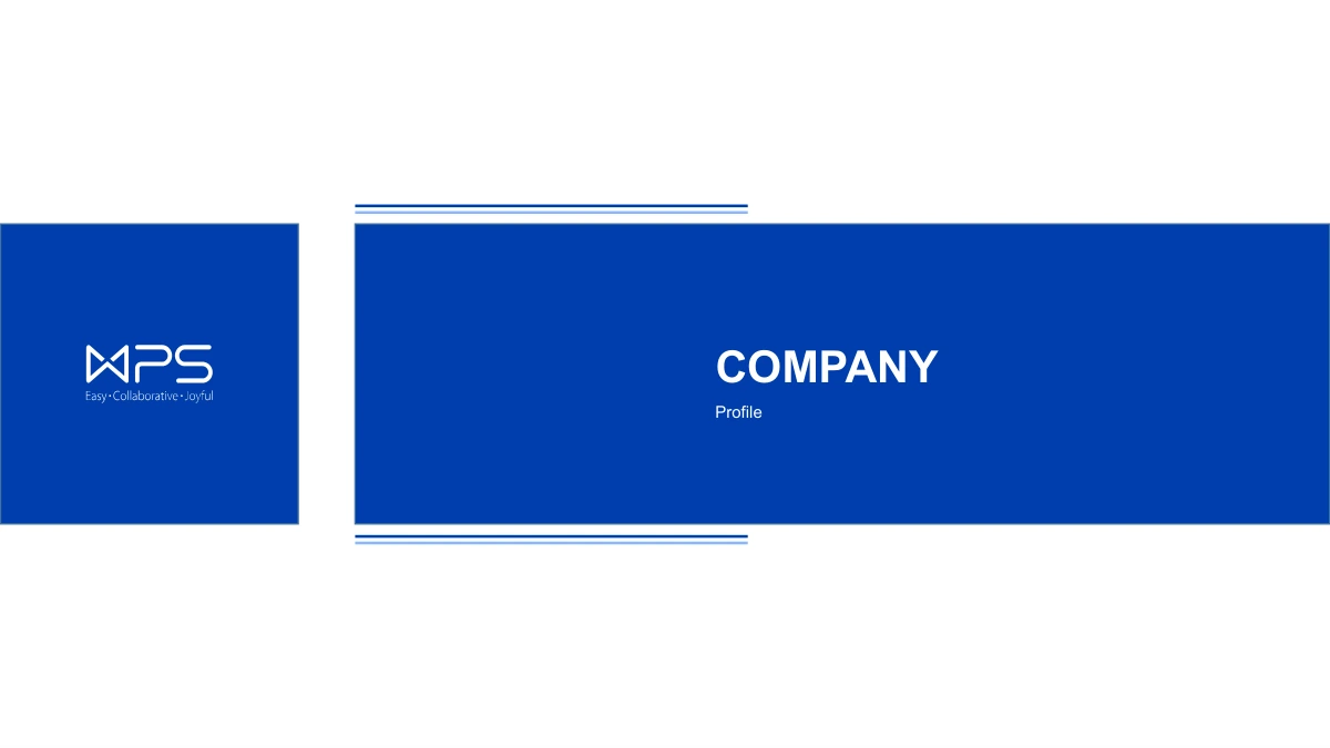 Modèle de présentation Vitrine produits bleu cobalt: Un panneau bleu horizontal avec le titre Company et les lettres WPS d'origine.