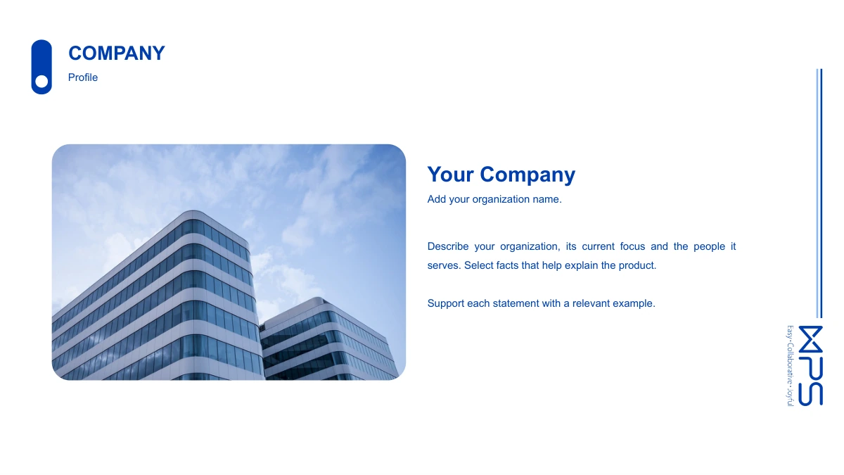 Modèle de présentation Vitrine produits bleu cobalt: Une photo arrondie d'immeuble près des consignes de nom et de présentation d'entreprise.