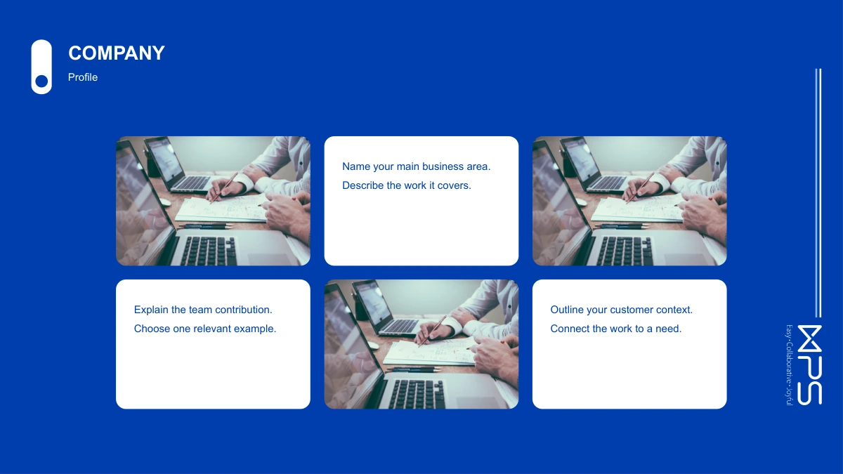 Modèle de présentation Vitrine produits bleu cobalt: Trois photos de collaboration répétées alternent avec des cartes de texte blanches sur fond bleu.