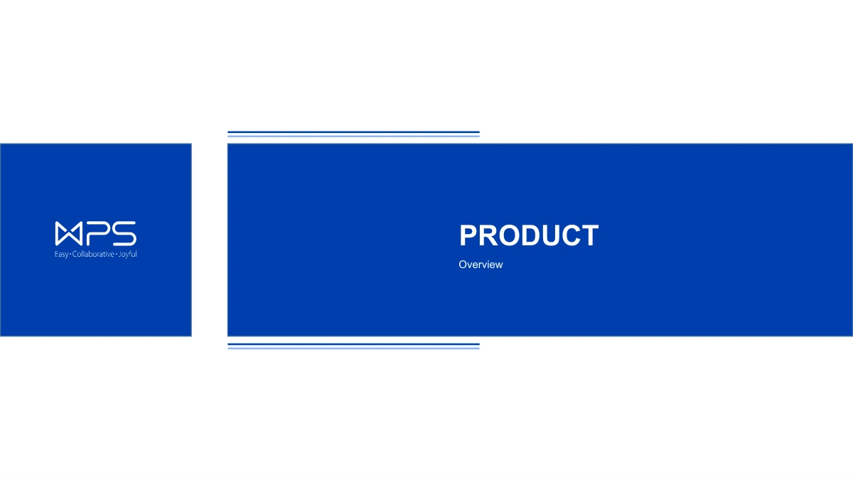 Modèle de présentation Vitrine produits bleu cobalt: Un panneau bleu Product sépare l'introduction des pages produit.