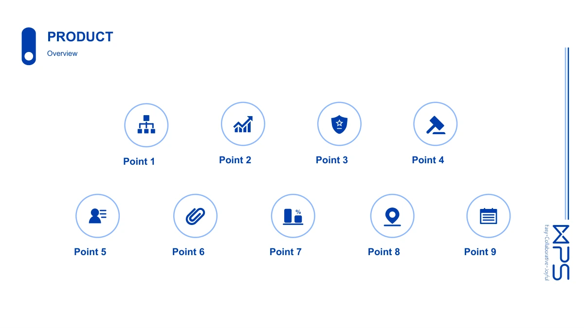 Modèle de présentation Vitrine produits bleu cobalt: Neuf emplacements ronds sur deux rangées avec libellés Point 1 à Point 9 modifiables.
