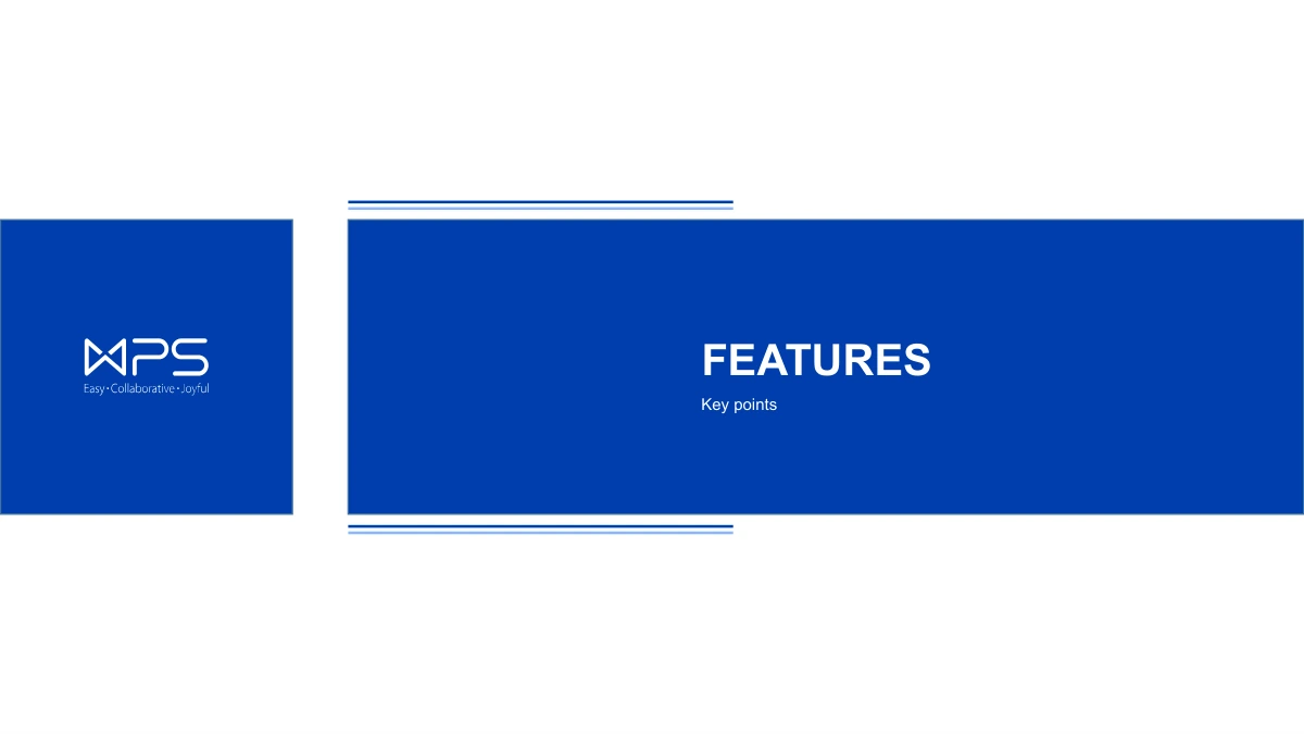 Modèle de présentation Vitrine produits bleu cobalt: Un panneau bleu horizontal Features introduit les compositions de fonctionnalités.