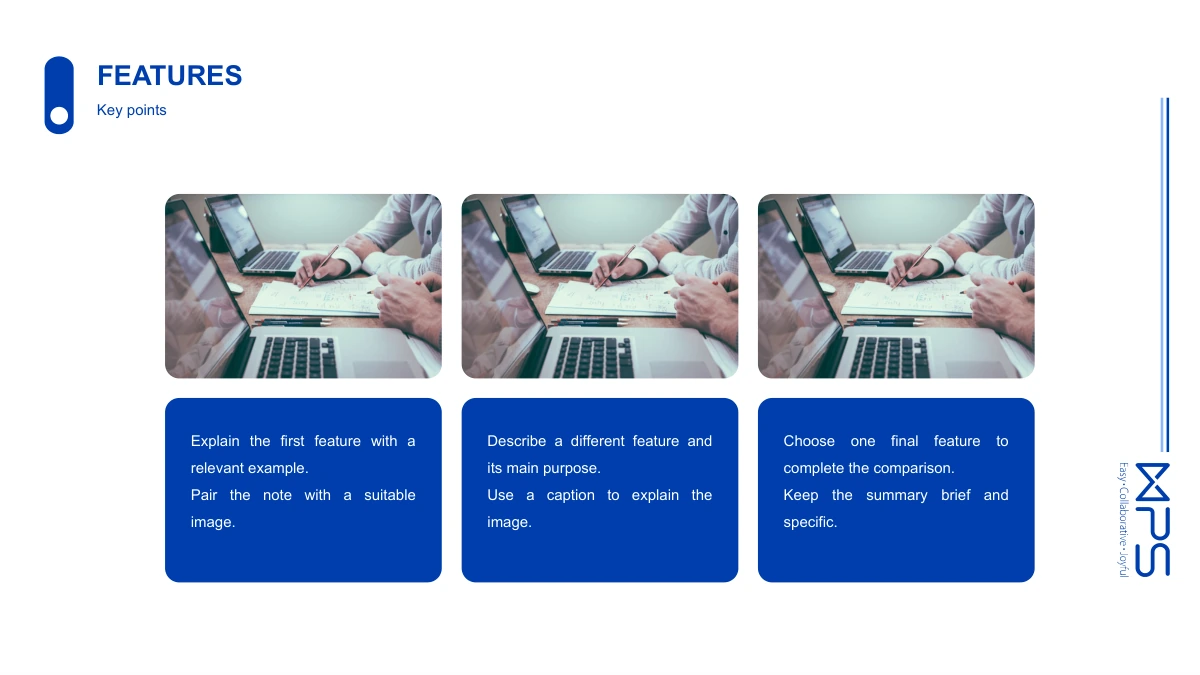 Modèle de présentation Vitrine produits bleu cobalt: Trois photos de bureau répétées sur des cartes bleues, chacune avec sa consigne de fonctionnalité.