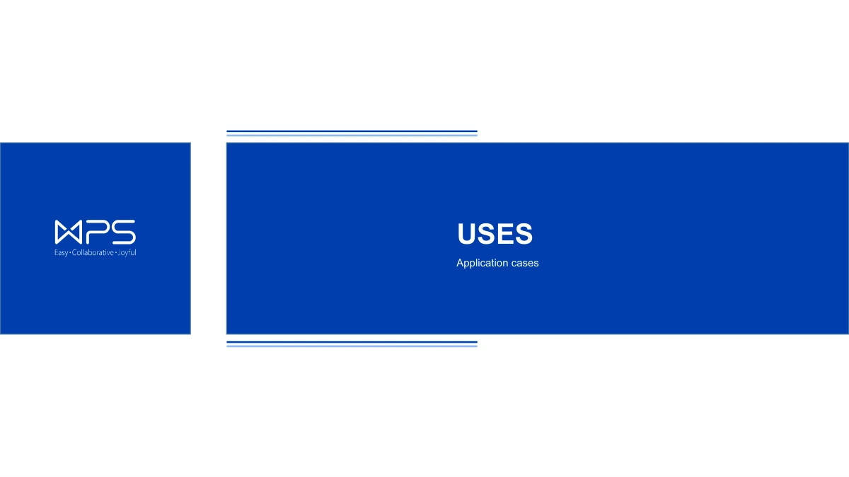 Modèle de présentation Vitrine produits bleu cobalt: Un panneau bleu Uses introduit la section des cas d'application.