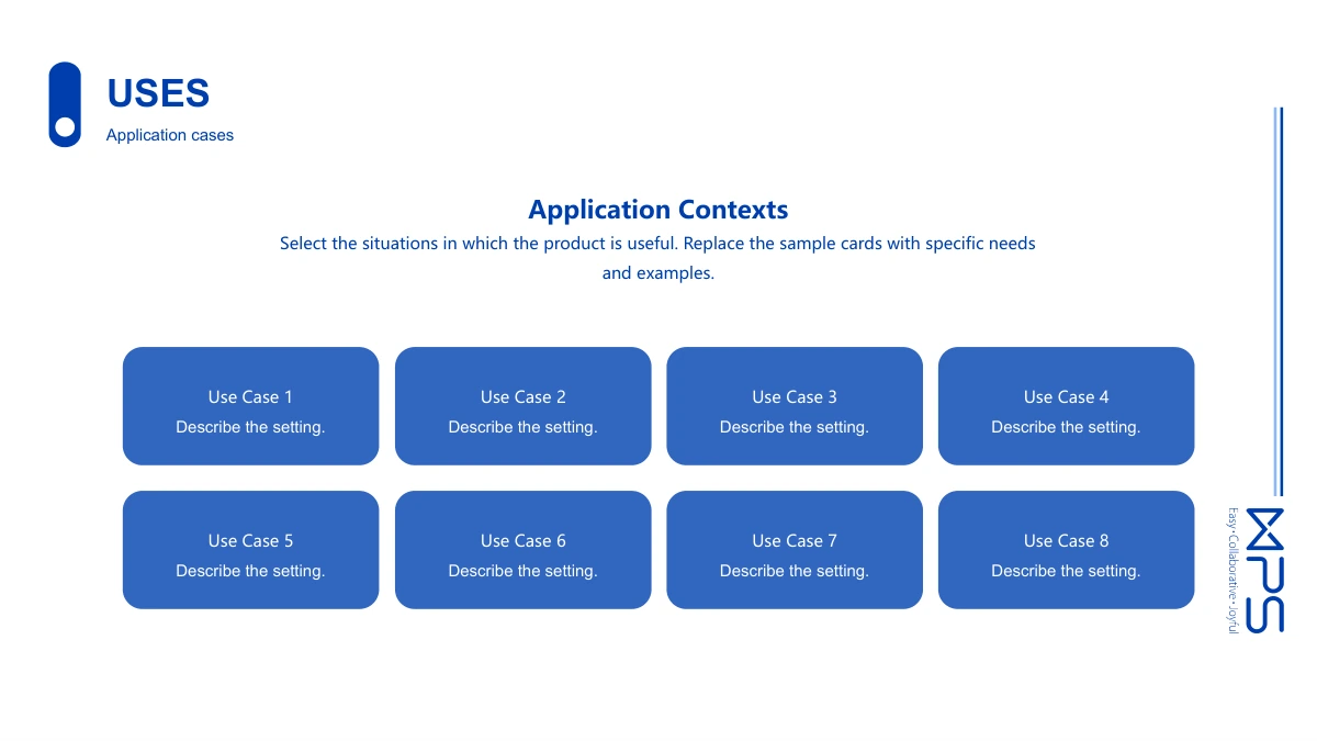 Modèle de présentation Vitrine produits bleu cobalt: Huit cartes numérotées sur deux rangées sous un titre de contexte d'application.