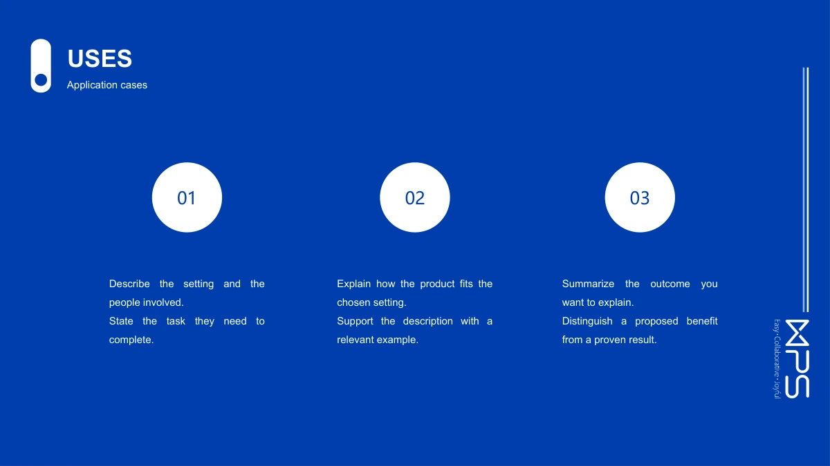 Modèle de présentation Vitrine produits bleu cobalt: Trois cercles blancs numérotés introduisent des exemples distincts sur fond bleu.