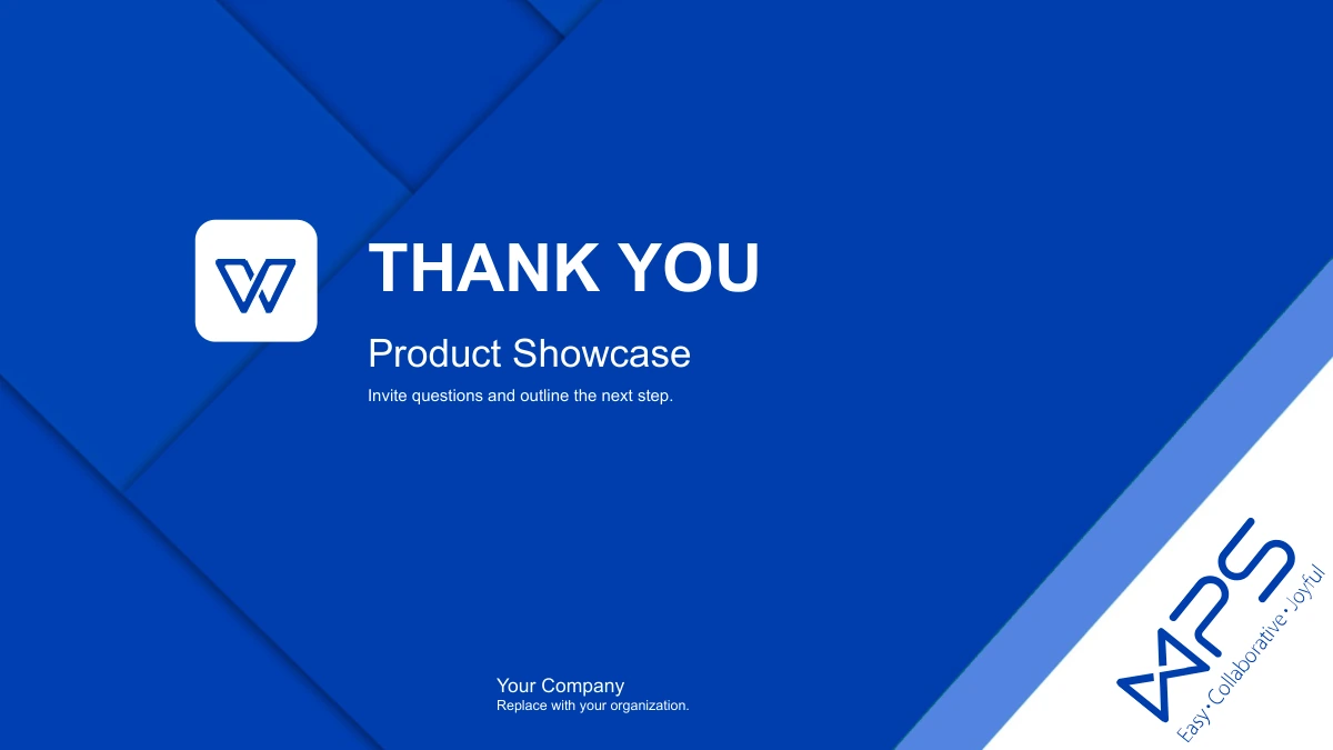 Modèle de présentation Vitrine produits bleu cobalt: Retour des formes bleues pliées avec le titre Thank You et les marques WPS d'origine.