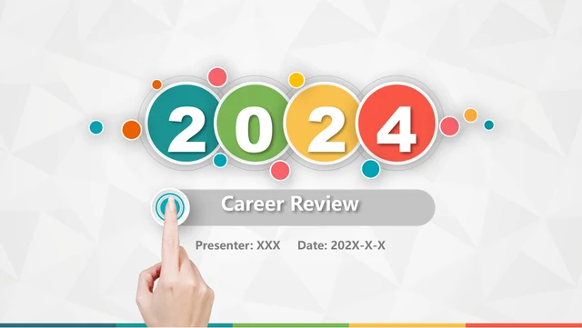 Colorful Circle Career Review Presentation Template: A hand touches a round button beside the report heading, below four raised discs in teal, green, yellow and coral. The sample year 2024 and pale faceted background establish the cover design.