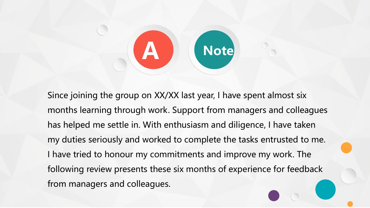 Colorful Circle Career Review Presentation Template: Two raised circular heading badges sit above a long preface. Small circles and droplet accents decorate the lower right of the pale faceted page.
