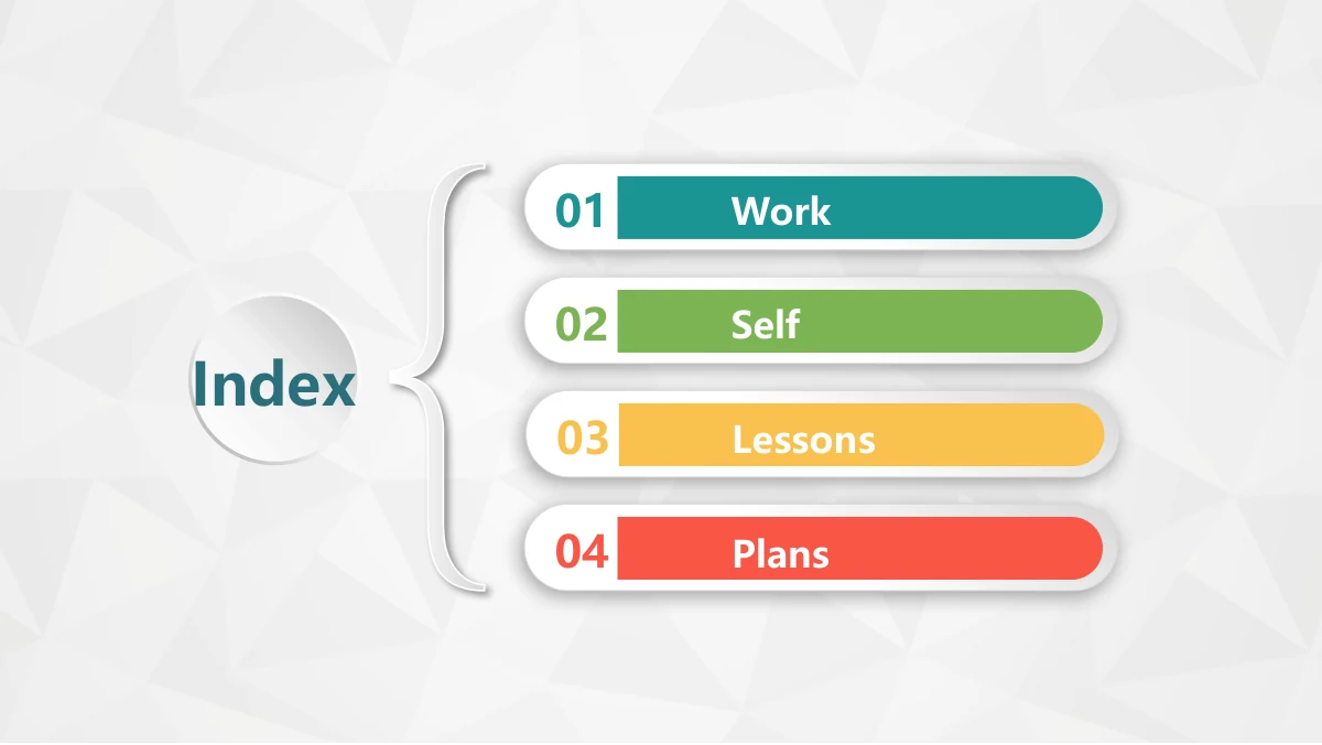 Colorful Circle Career Review Presentation Template: A large grey disc and a brace introduce four long raised contents rows. The rows use teal, green, yellow and coral numbered labels for the four chapters.