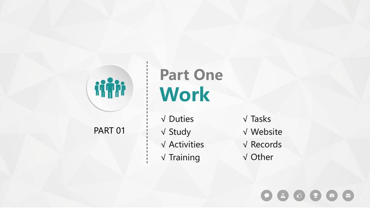 Colorful Circle Career Review Presentation Template: A grey circular people icon sits to the left of a vertical dotted rule. The teal work-review heading leads two columns of checked topics, with a small icon strip below.