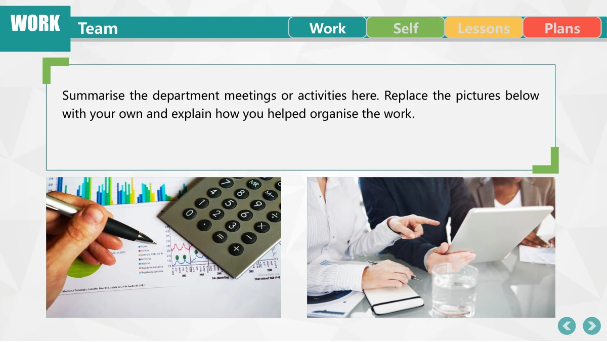 Colorful Circle Career Review Presentation Template: A large outlined text box with coloured corner accents fills the upper half. Two photographs below show a calculator on documents and people discussing a tablet.
