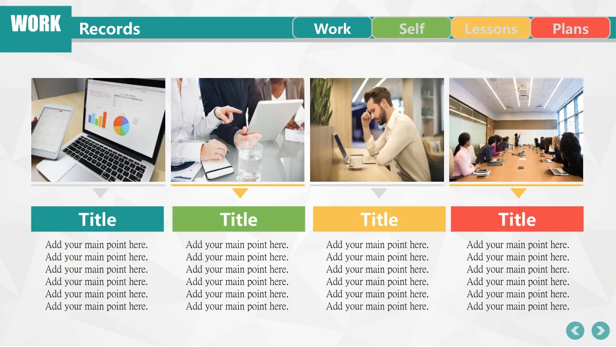 Colorful Circle Career Review Presentation Template: Four photographs show a laptop displaying charts, a tablet discussion, a person at a computer and a meeting room. Coloured title strips and notes sit below each photo.