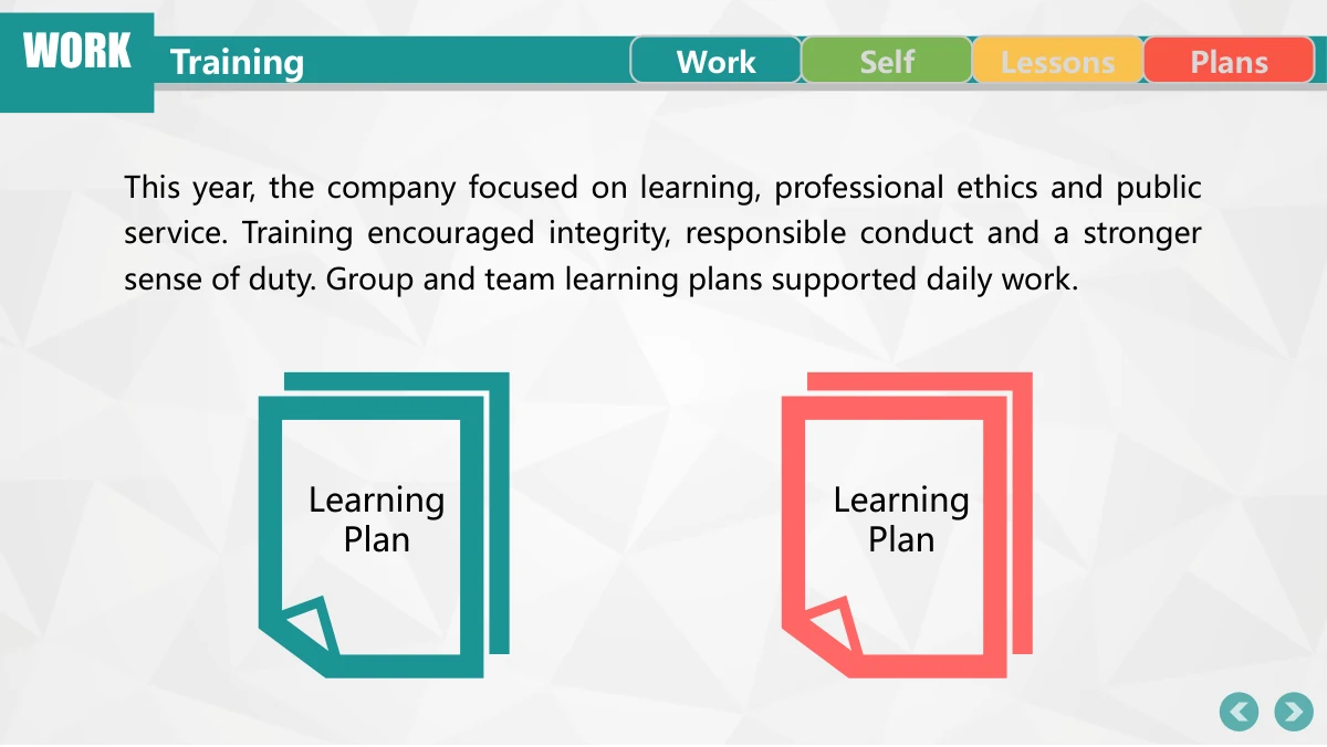 Colorful Circle Career Review Presentation Template: A paragraph spans the upper part of the page. Two large outline book or document symbols, one teal and one coral, frame training-plan labels below.